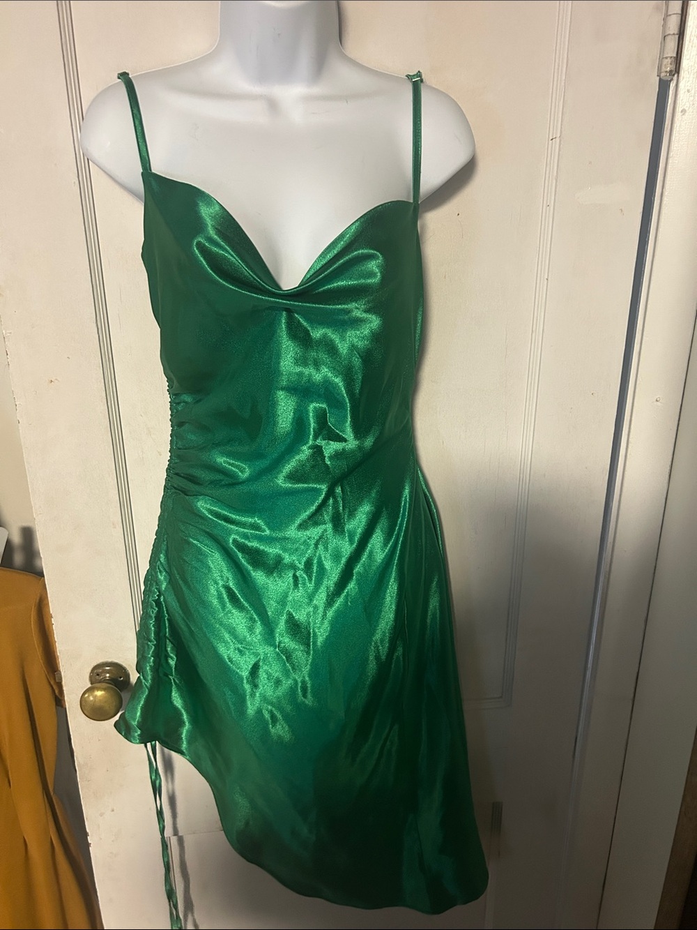 Green Satin Cowl Neck Mini Dress